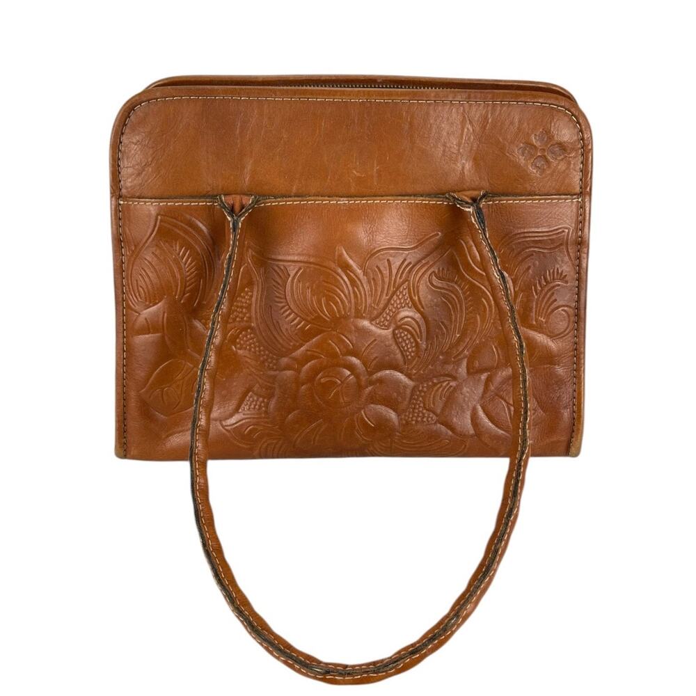PATRICIA NASH Large PARIS SATCHEL Full Grain LEATHER Rose Tooled Design BROWN